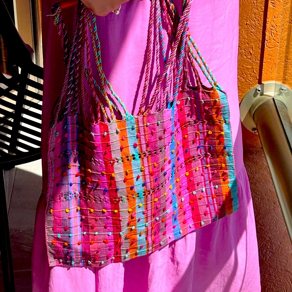 Boho multi color purses with Pom Pom’s . Washable and handmade